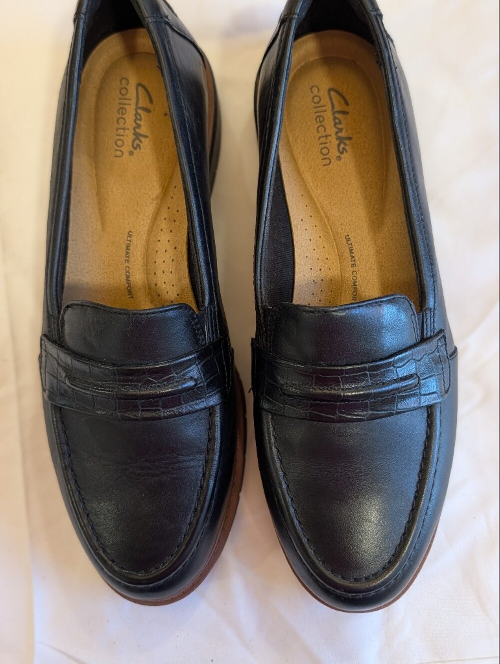 Clarks Collection Westlynn Black Leather Lug Sole Crocodile Trim Penny Loafers